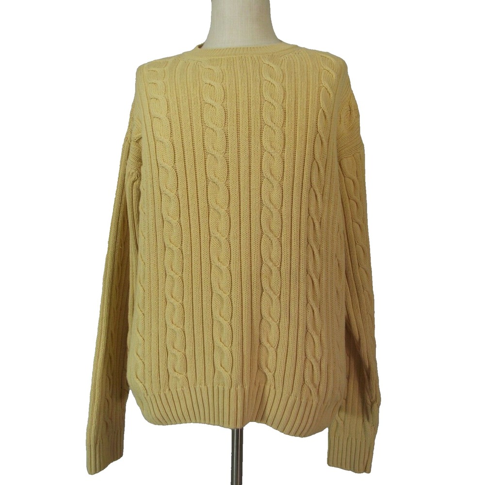 Dockers Sweater Mens XL Yellow Cable Knit Fisherman Pullover Chunky Cotton